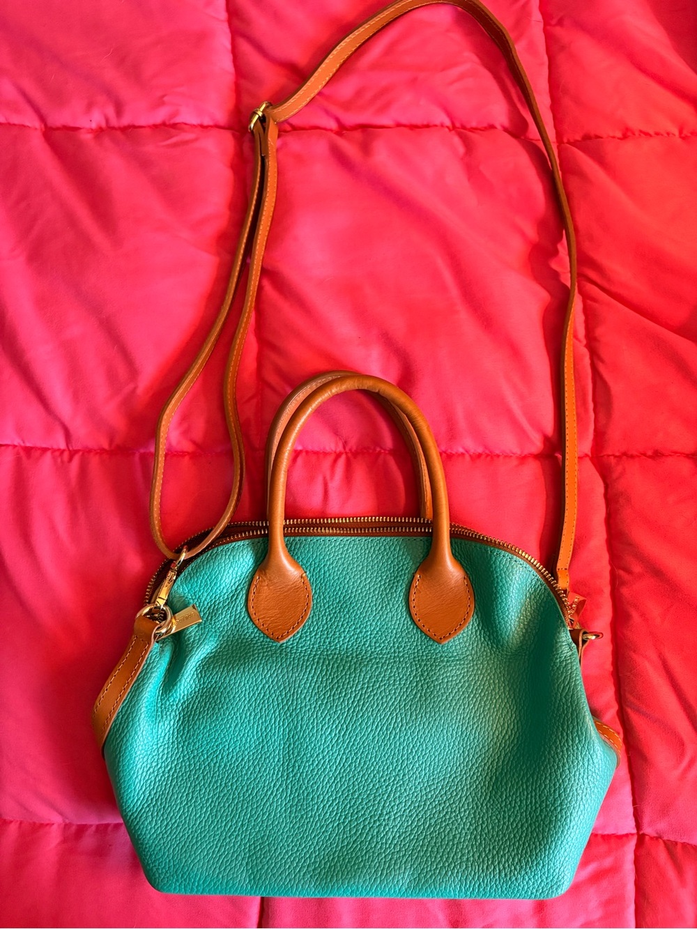 Valentina Teal Leather Shoulder Bag with Tan Trim
